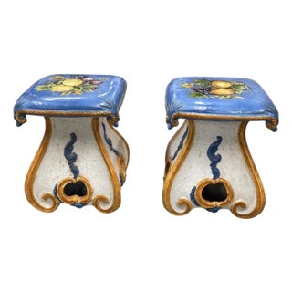 Pair of Vintage Italian Majolica Ceramic Fruit Motif Garden Stools For Sale