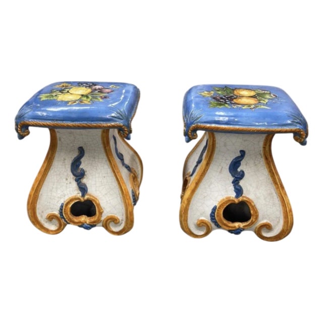 Pair of Vintage Italian Majolica Ceramic Fruit Motif Garden Stools For Sale