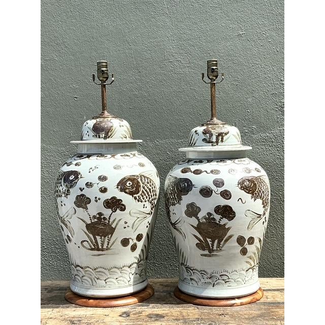 Vintage Monumental Glazed Ceramic Koi Lamps - A Pair For Sale - Image 4 of 12