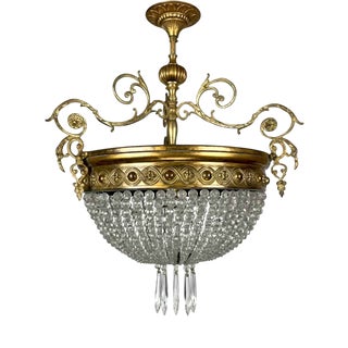 Vintage French Crystal and Brass Pendant Light, 1930s For Sale