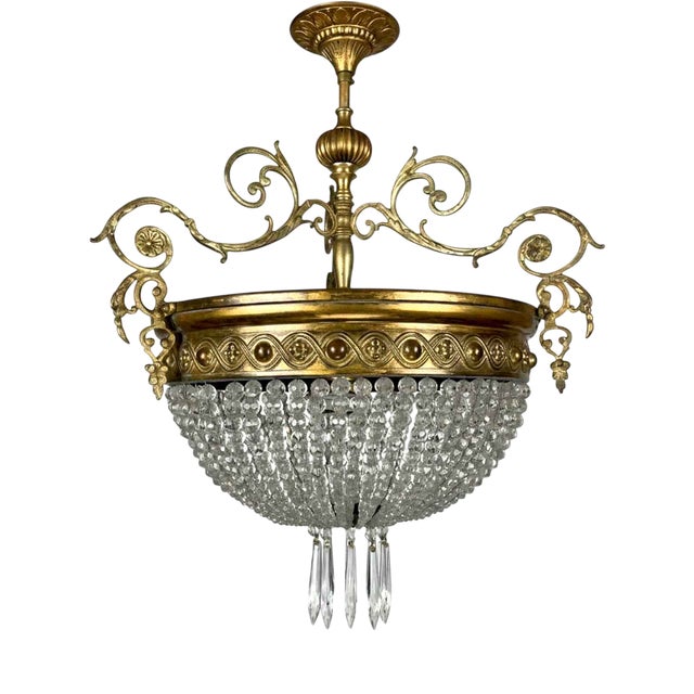 Vintage French Crystal and Brass Pendant Light, 1930s For Sale