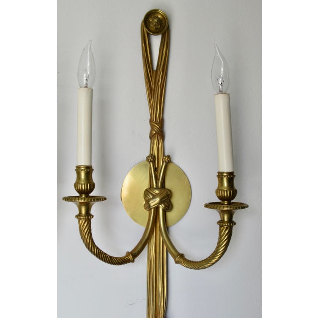 Vintage French 19th. Century Louis XVI Style Bronze Twin-Arm, Rope & Tassel Ormolu Wall Lighted Sconces -Pair For Sale - Image 14 of 17