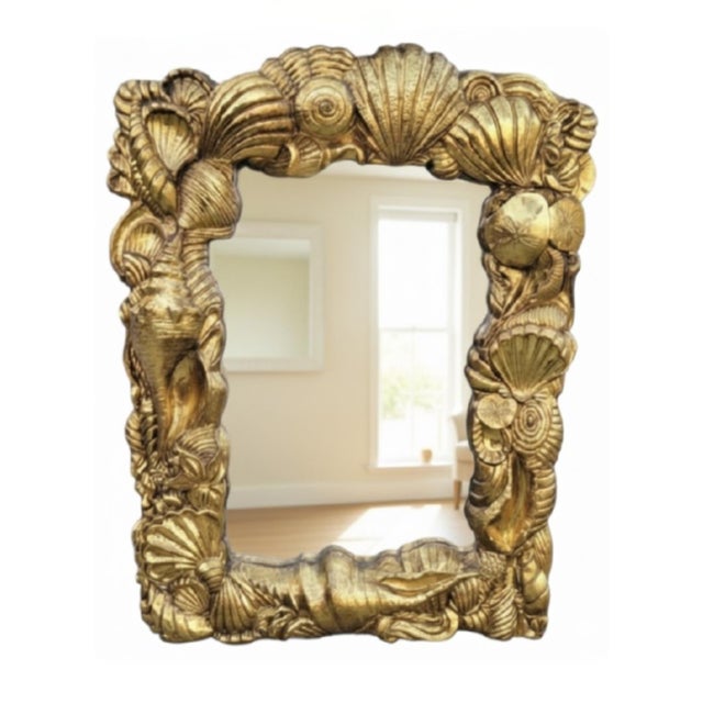 1980s Large Custom Antiqued Gold Leaf Plaster Coastal Regency Seashell Carved Wall Mirror For Sale In West Palm - Image 6 of 10