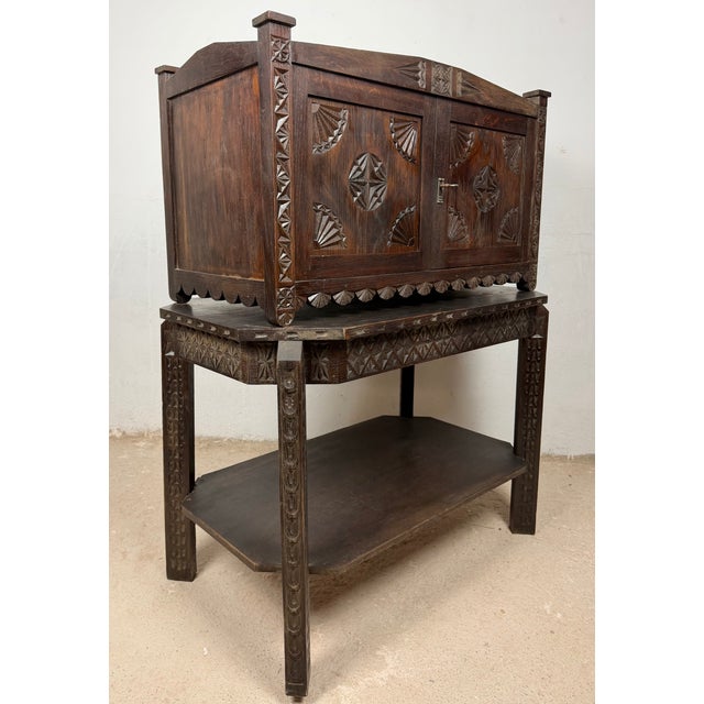 Brown Spanish Carved Oak Bargueño on Stand, 1930 For Sale - Image 8 of 12