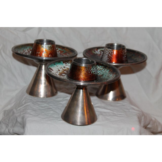 Art Deco 1930s Signed & Stamped Maison Bagues Enameled French Art Deco Candle Holders - Set of 3 For Sale - Image 3 of 13