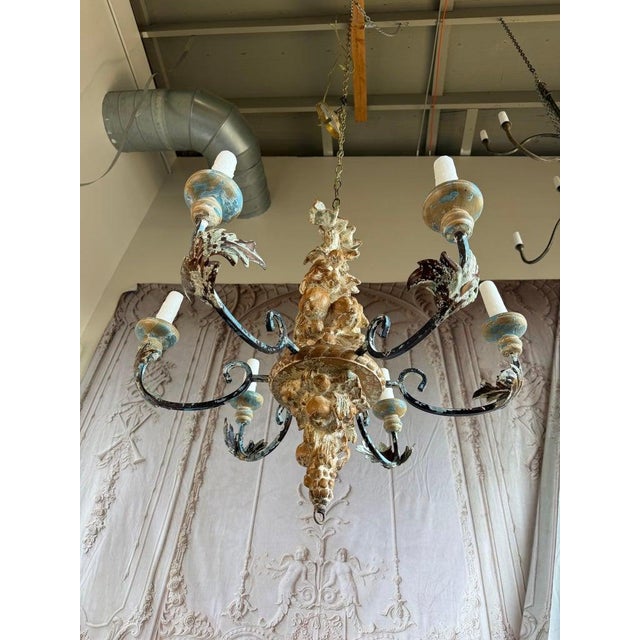 Italian Rococo Painted Wood & Iron 6-Light Chandelier With Fruit Garland For Sale In Los Angeles - Image 6 of 10
