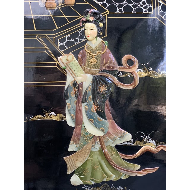 Vintage Chinoiserie Black Lacquer Inlaid Room Divider Screen For Sale In Phoenix - Image 6 of 12