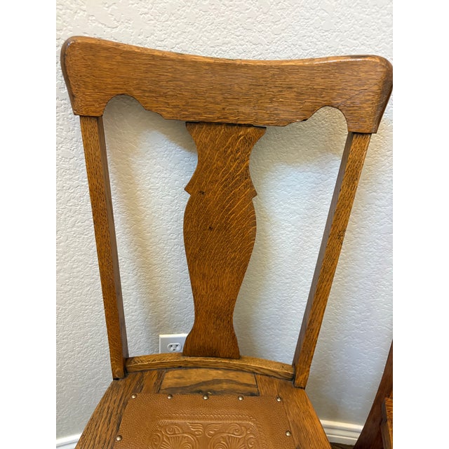 Pair of Antique Arts & Crafts Mission Quarter-Sawn Tiger Oak Dining Chairs With Embossed Leather Seats For Sale - Image 11 of 11