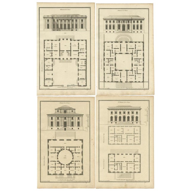 Set of four architecture prints depicting various building facades and plans. The prints state 'Toises', which was one of...