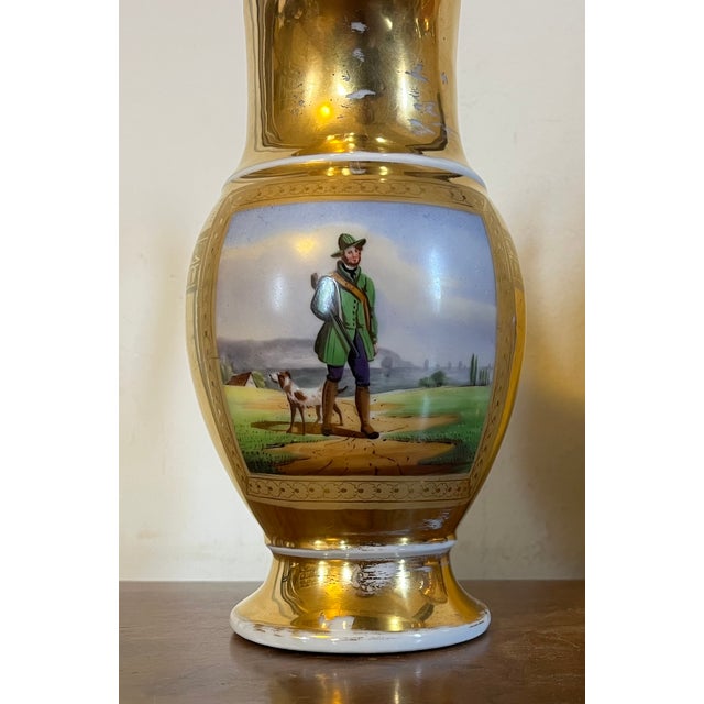 Gold Antique Early 19th Century French Empire Paris Porcelain Ewer, Pitcher or Jug With Hand Painted Landscape For Sale - Image 8 of 13