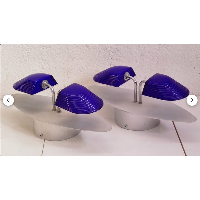 Metal Art Deco Indigo Murano Glass Sconces, 1980s, Set of 2 For Sale - Image 7 of 11