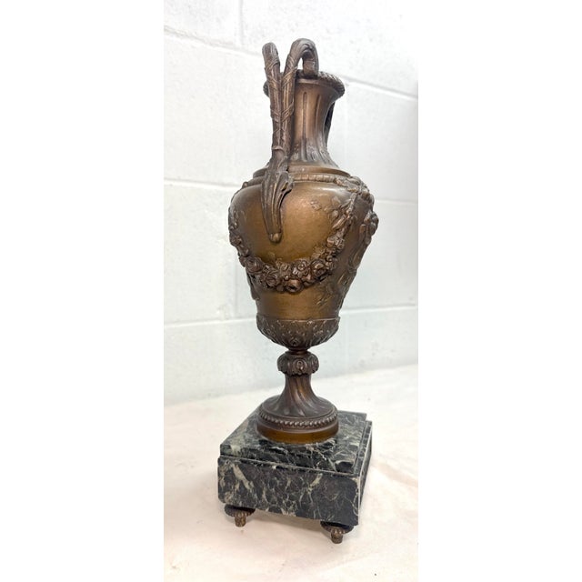 Victorian Antique Ornate Bronze Patinated Marble Victorian Ewer Mantle Garniture Vase For Sale - Image 3 of 15