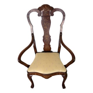 Antique Dutch Marquetry Mahogany Open Armchair With Bird & Floral Inlay, Late 19th Century For Sale
