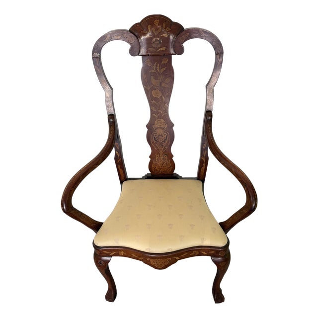 Antique Dutch Marquetry Mahogany Open Armchair With Bird & Floral Inlay, Late 19th Century For Sale