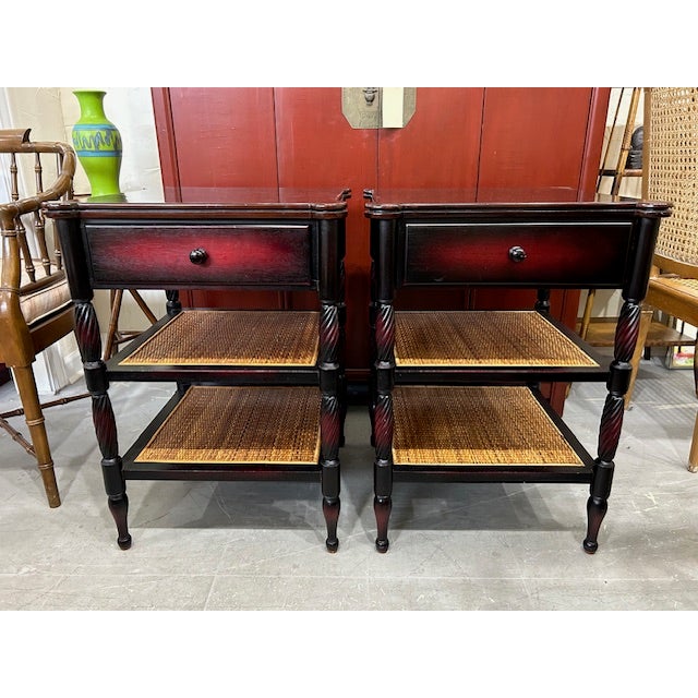 Chic pair of British Colonial style Palecek side table nightstands ready to add to your space. Beautiful cane rattan...