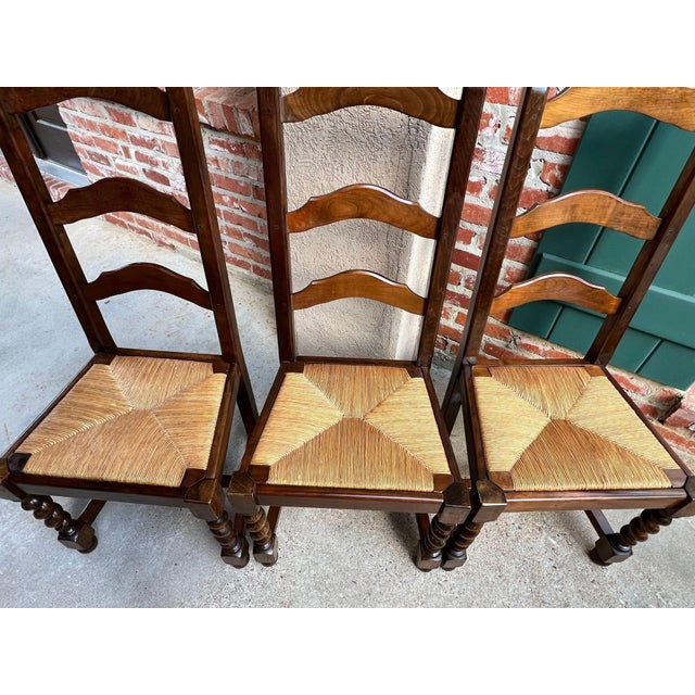 Vintage French Dining Chairs Set 6 Oak Barley Twist Rush Seat Ladder Back For Sale - Image 16 of 18