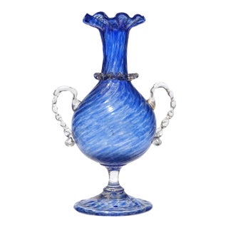 Antique Venetian Murano Sapphire Blue Gold Leaf Handles Italian Art Glass Ruffle Rim Footed Flower Vase For Sale