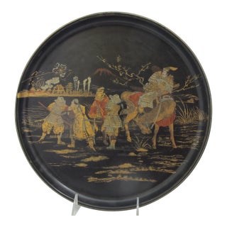 Jjapanese Meiji Lacquer Papier-Mache Gilt Hand Painted Warrior Scene Round Tray For Sale