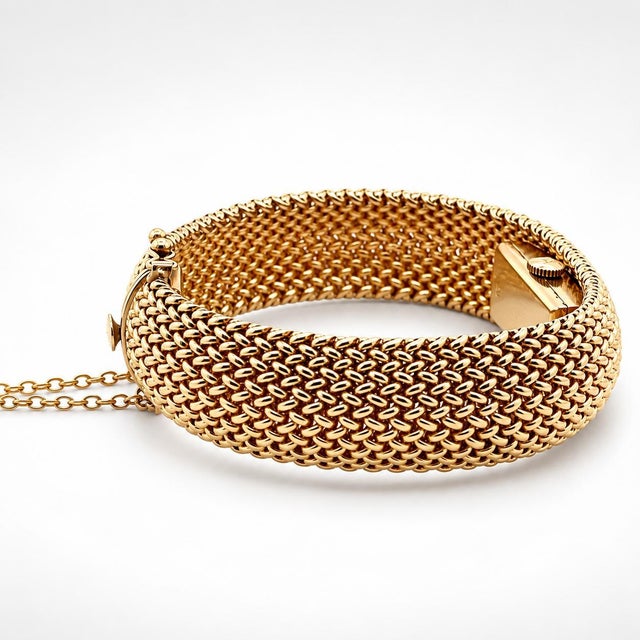 Mid 20th Century Vintage Solid 14k Yellow Gold Woven Wide Secret Watch Bracelet For Sale - Image 5 of 7