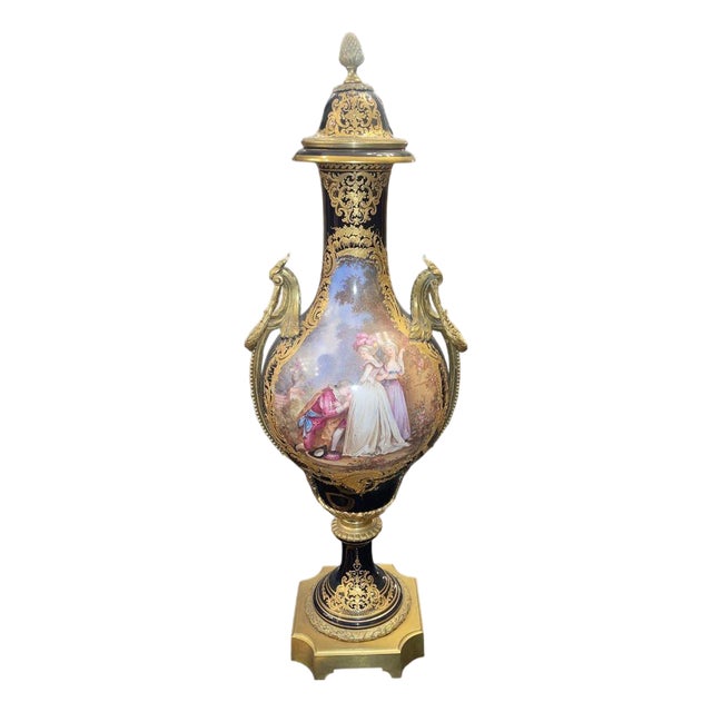 Monumental 19th Century Sèvres Porcelain Lidded Urn With Gilt Bronze Mounts For Sale