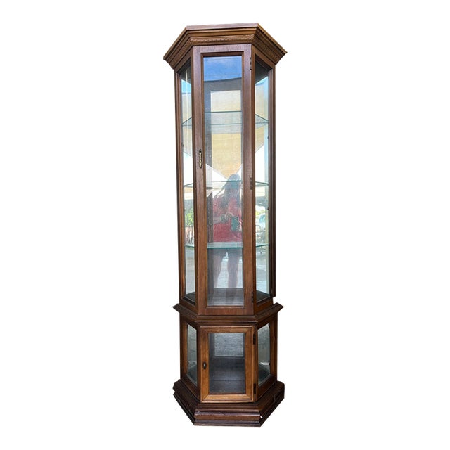 Vintage 1970s Traditional Lighted Half-Hexagon Curio Cabinet For Sale