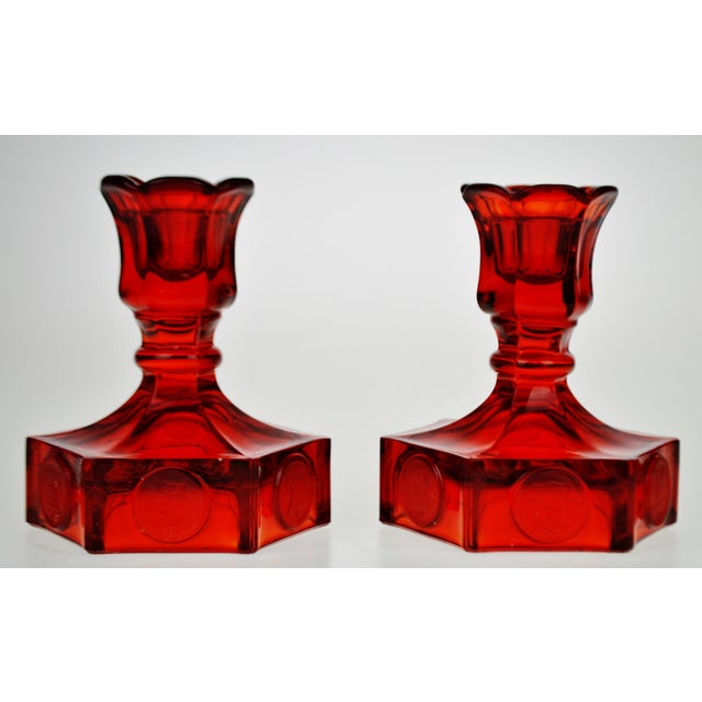 Vintage Fostoria Ruby Red Coin Glass Candlesticks A Pair Chairish