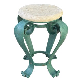 Vintage Hand-Painted Iron Side Table With Travertine Top For Sale