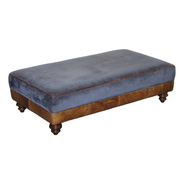 Large Tetrad Constable Ottoman in Blue Fabric and Leather Base For Sale