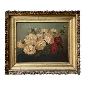 Antique Floral Still Life With Chrysanthemums, Framed (Oil on Board)