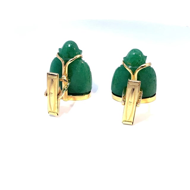14k Yellow Gold Green Jade Buddha Cabochon Cufflinks For Sale - Image 4 of 5