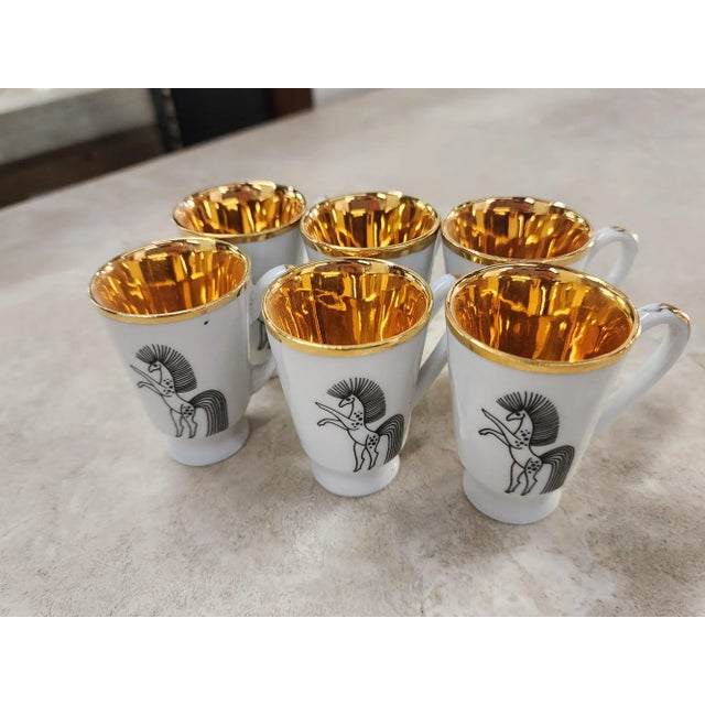 Vintage White Porcelain and Gold Leaf Mini Cups With Horse Motif- Set of 6 For Sale - Image 4 of 12