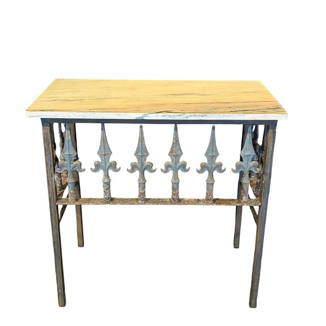 An exceptional French console table crafted from an antique wrought iron balcony railing and marble from the 19th century,...
