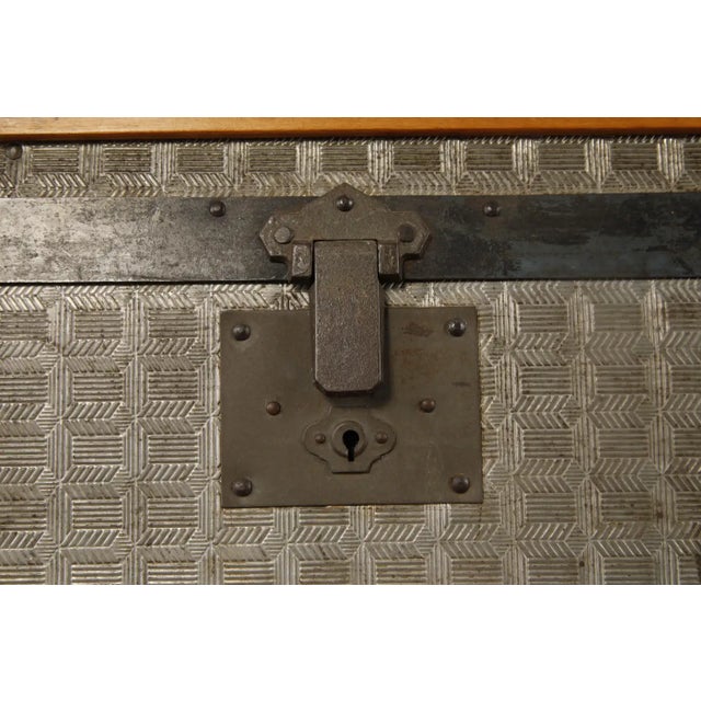 Brown Antique Dome-Top Steamer Trunk With Embossed Zinc Panels and Wood Slats, C. 1890 For Sale - Image 8 of 18