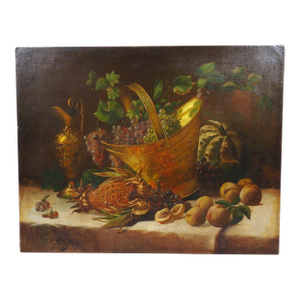 Antique Still Life Painting of an Arrangement of Fruit and Golden Vessels, 1889