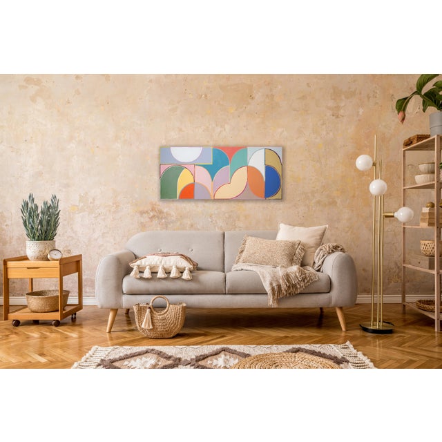 White 2026, Faux Naive Horizontal Painting, Playground Landscape, Vivid Tones Bauhaus Shapes on Canvas For Sale - Image 8 of 8
