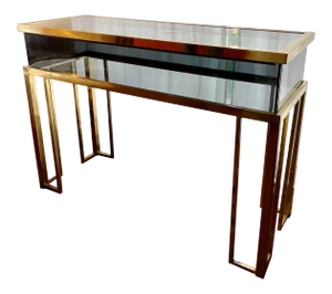 Italian Design Console Table in Brass and Gray Smoked Glass