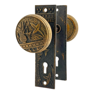 Antique American Bronze Door Knobs With Door Plates - 5 Pieces