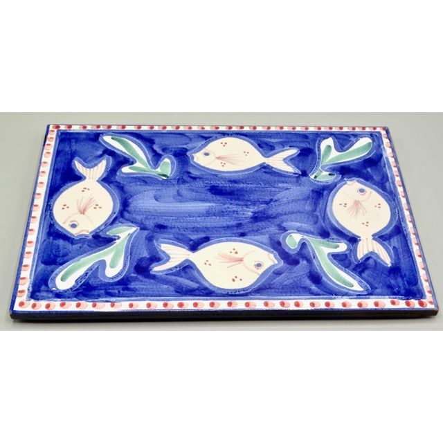 Late 20th Century Italian Ceramic Tile Trivet Hand Painted Swimming Fish For Sale - Image 6 of 9