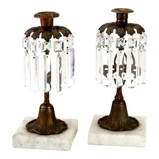 Pair of Antique Bronze, Marble & Crystal Single Candle Candelabras C1890 For Sale