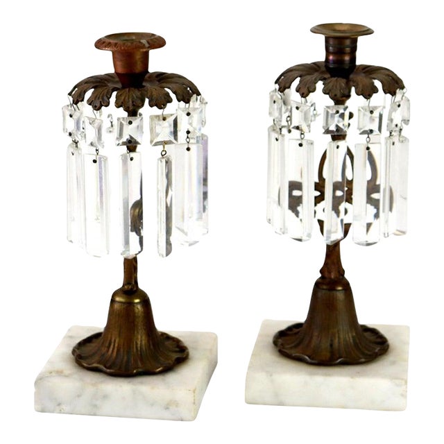 Pair of Antique Bronze, Marble & Crystal Single Candle Candelabras C1890 For Sale