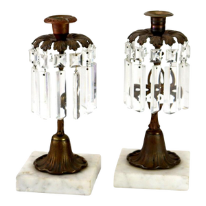 Pair of Antique Bronze, Marble & Crystal Single Candle Candelabras C1890