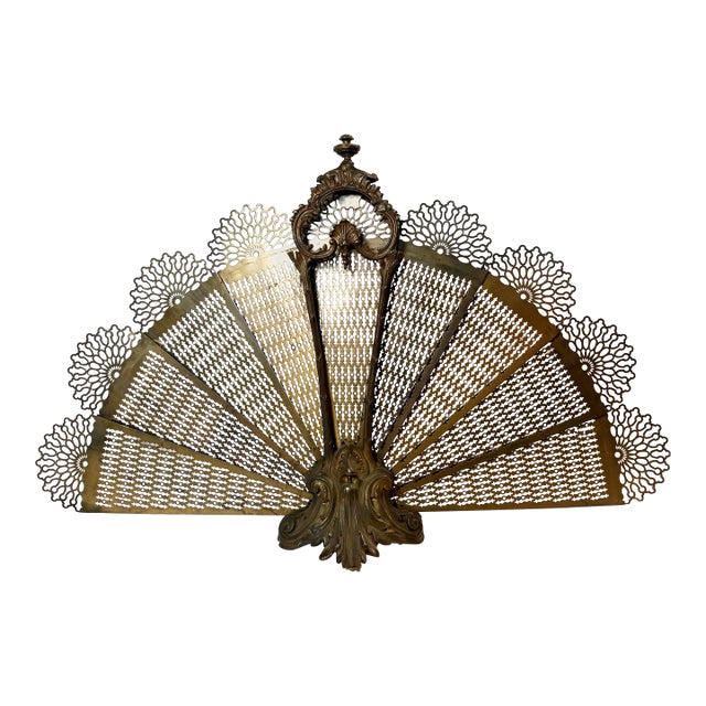 Ornate Victorian Brass Fireplace Fan Screen For Sale
