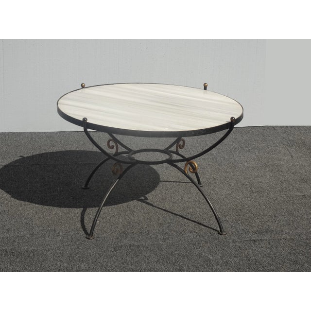 Vintage Spanish Style Wrought Iron W White & Gray Marble Top Coffee Table For Sale - Image 4 of 13