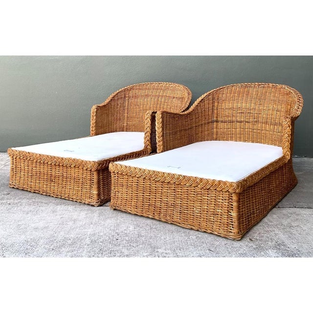 Vintage Braided Rattan Chaise Lounges - Pair For Sale - Image 12 of 15