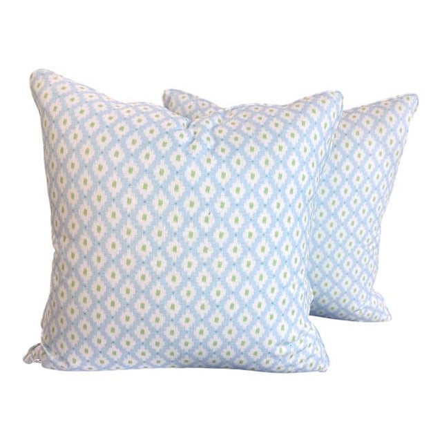 Fresh and versatile, this pair of custom-made decorative pillows features a soft geometric diamond pattern in soothing...