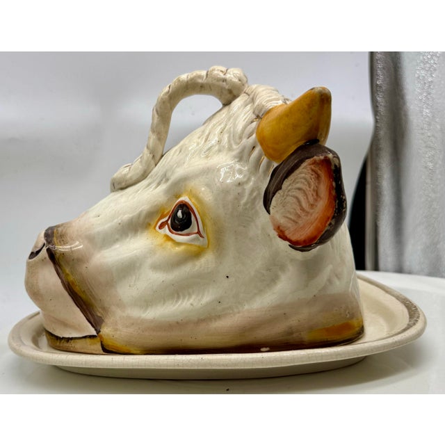 Figurative Antique Staffordshire Majolica Cow Head Dish, Victorian English Novelty Server For Sale - Image 3 of 12