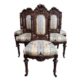 Set 6 Antique French Dining Chairs Renaissance Carved Oak Black Forest C1880 For Sale