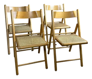 Italian Foldable Chairs in Beech and Rattan, 1980s, Set of 4