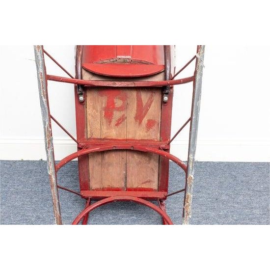 Antique Children's Push Sleigh, Upholstered and Red Paint Finished Wood Frame With Metallic Rails For Sale - Image 4 of 6