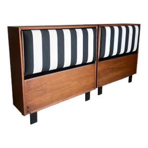 Newly Upholstered Black White Stripe and Walnut Twin Headboards by George Nelson -A Pair